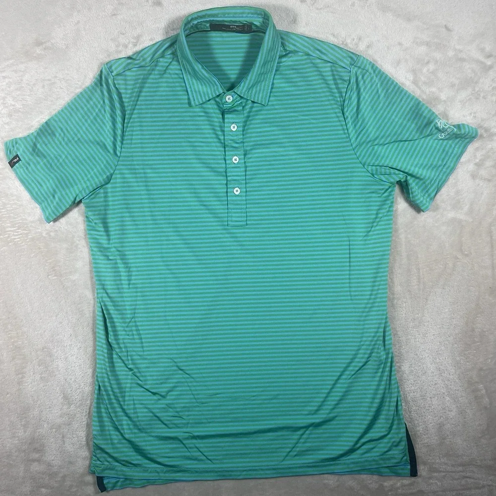 RLX Ralph Lauren Polo Shirt Mens Large Blue/Green Stripe Golf Stretch Wicking